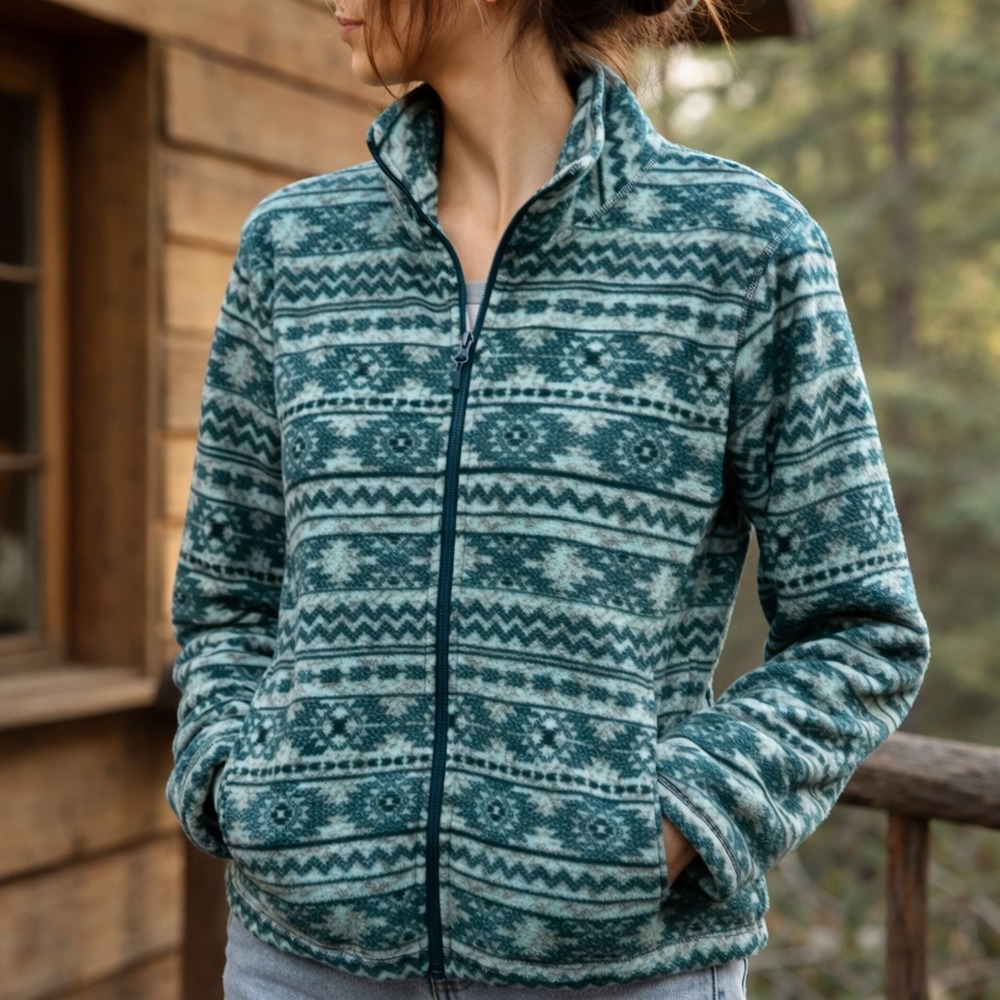 Stillwater Supply Co Green Fair Isle Fleece Jacket Full Zip Cozy Cabin Core XXL